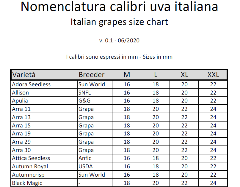 Estratto nomenclatura calibri uva italiana